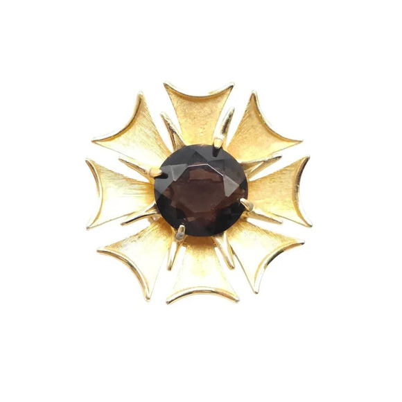 BSK Smokey Stone Textured Maltese Cross Flower Brooch Pin Gold Tone Vintage - Picture 1 of 6